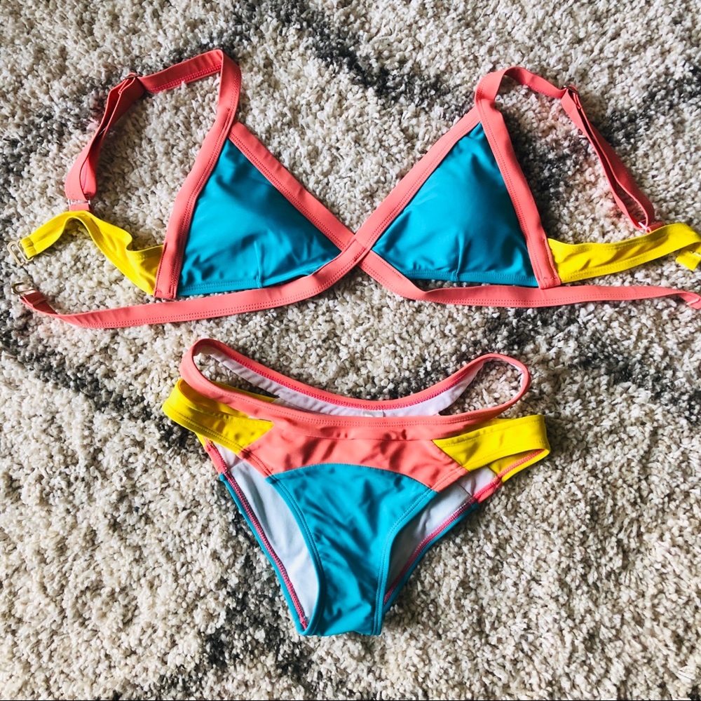 Strappy bandage bikini neon bright color summer peach blue yellow swimsuit
